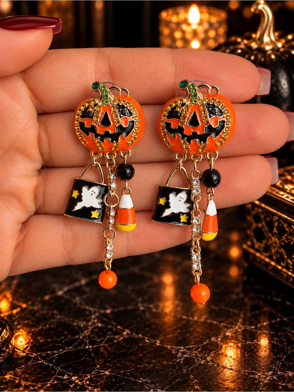 Halloween Pumpkin Dangle Earrings with Candy Corn